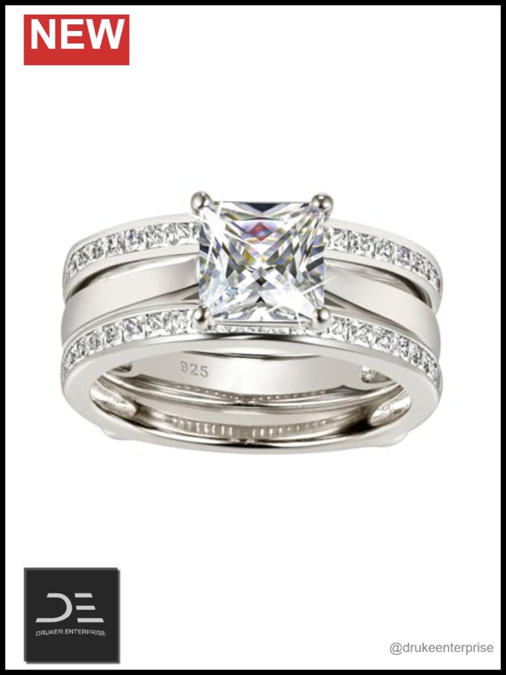 Sterling Silver CZ Princess Wedding Ring Set Women's Bridal Bridesmaid Gift